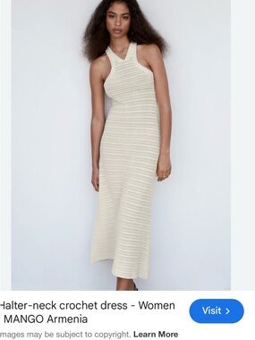 Mango Cream Halter-Neck Crochet Midi Dress